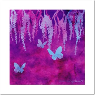 Wisteria and Butterflies Negative Painting Neon Posters and Art